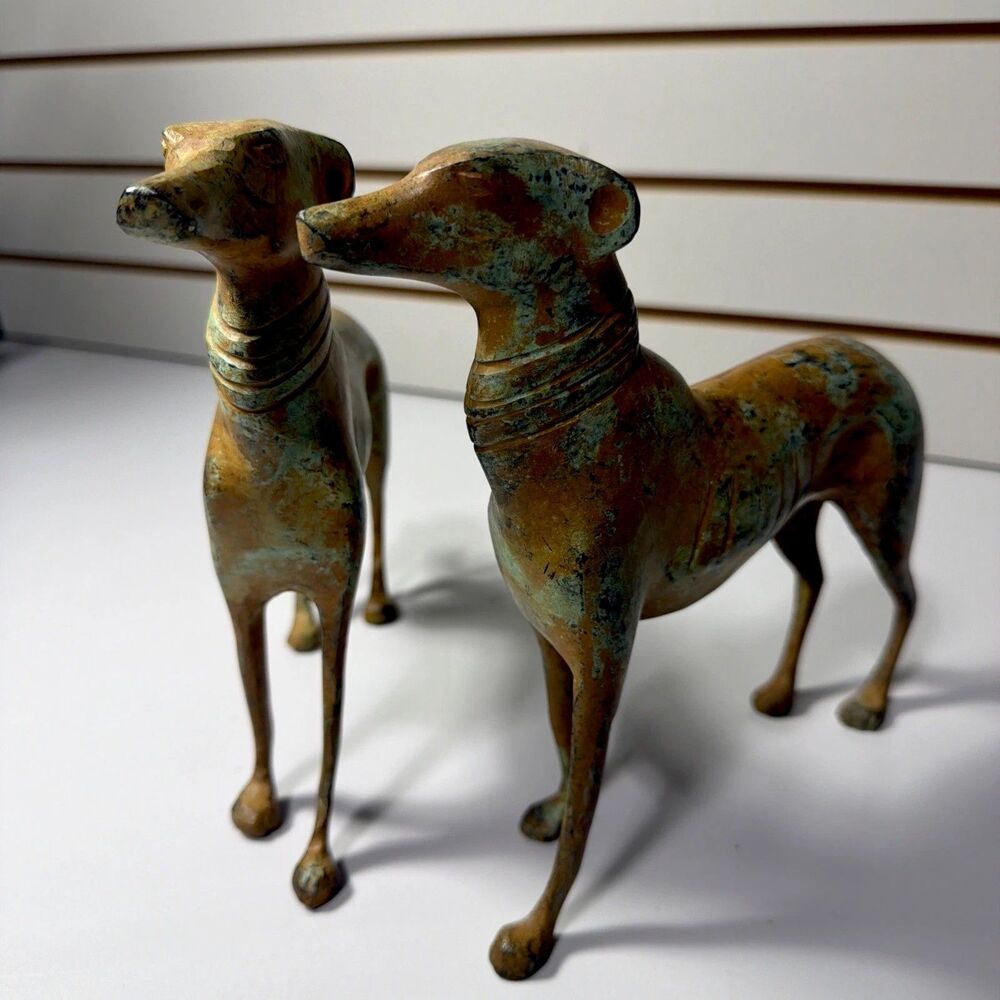 Pair Of Bronze Cast WHIPPET GREYHOUND DOG SCULPTURE Set Vintage Patina Metal